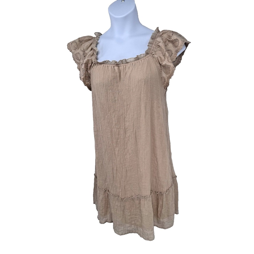 Western eyelet Cottagecore Peasant Puff Sleeve beige lined renaissance dress XL